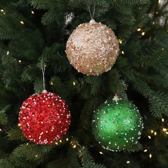 4 Pcs Christmas Ball Ornaments Glitter Sequin Shatterproof Foam Balls Decoration with Faux Pearl