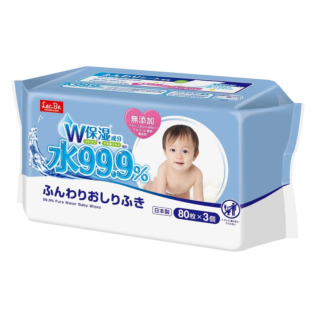 LEC Pure Water Baby Care Pure Soft Baby 80 Sheets X 3 Packs Contains Collagen and Peach Leaf Double Moisturizing Mild Made In Japan 99.9% Water,