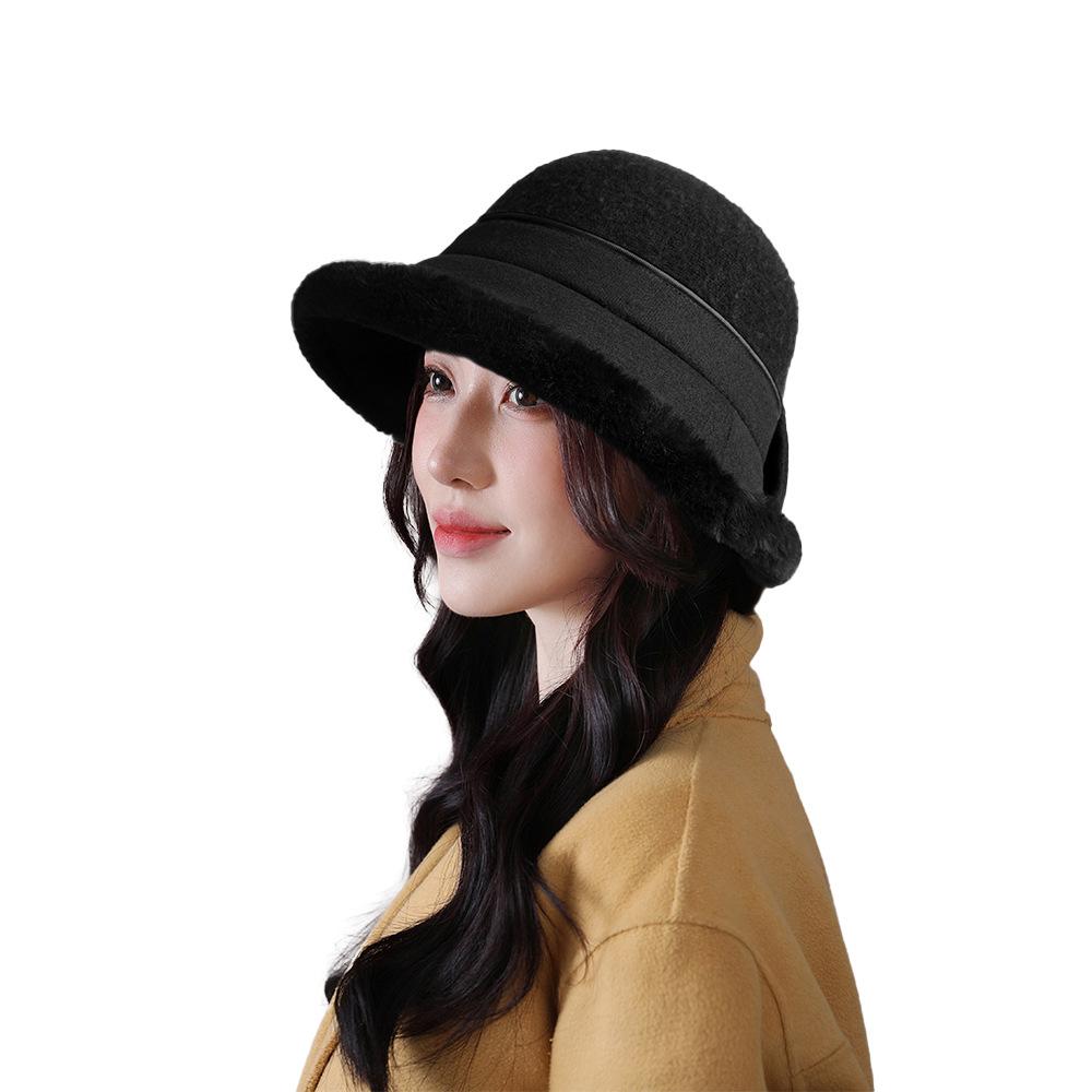 Women Vintage Wool Cloche Hat Plaids Patchwork Bucket Hat Bowler Hat with Bow