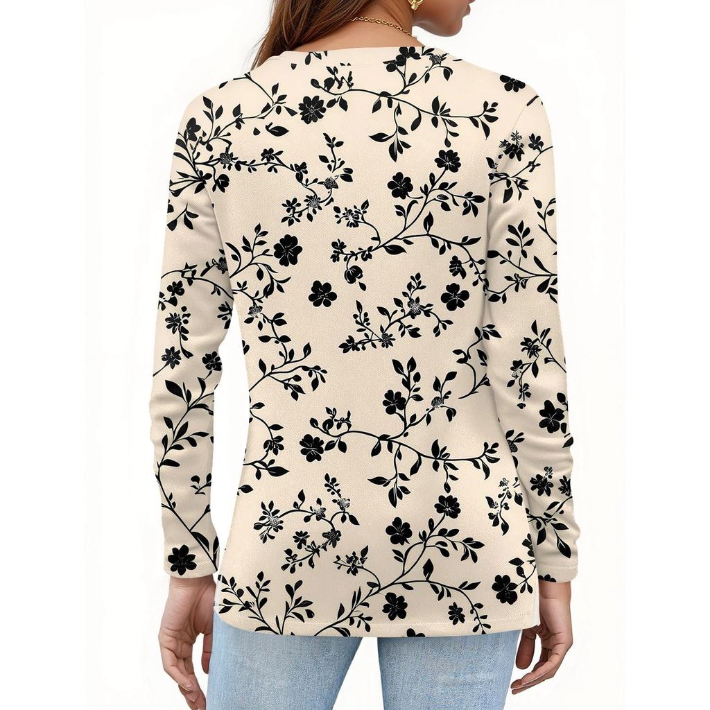 Maglietta da donna alla moda casual con spacchi sul fondo, scollo rotondo, manica lunga, ampia, stampata