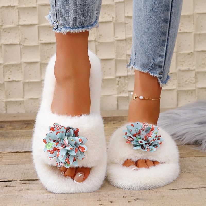 Fashion Fashion Flower Decoration Faux Fur Slides Women 2025 Autumn Round Toe Low Heel Slippers Soft Sole Short Plush Outdoor Slippers