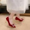 Fashion Beaded Rhinestone Women High Heels Shoes Red Suede Wedding Bridal Pumps Shoes Bow Temperament Thin Heeled Autumn Single Shoe
