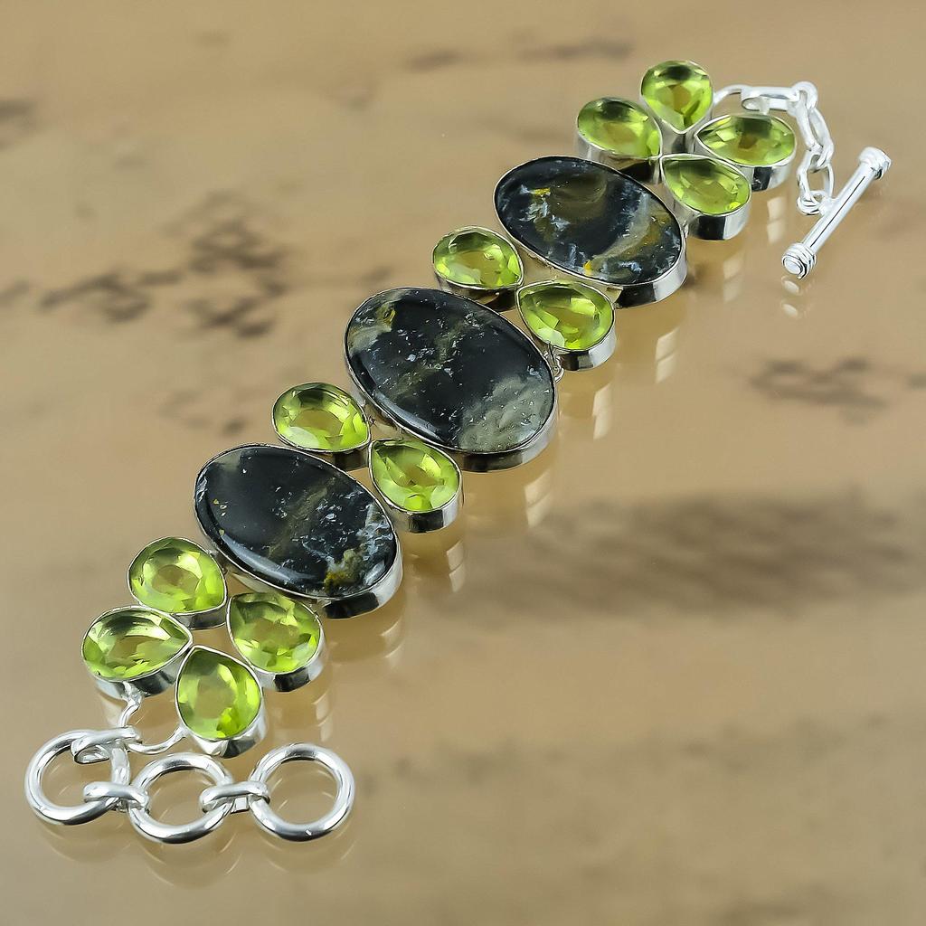 Easter Sale Bumble Bee Jasper Stone Peridot 925 Sterling Silver Chain Bracelet