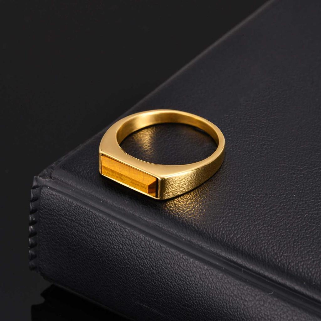 Vintage Square Natural Stone Signet Ring for Men, Minimalist Gold Plated Stainless Steel Rings, Fashion Jewelry Gift to Father