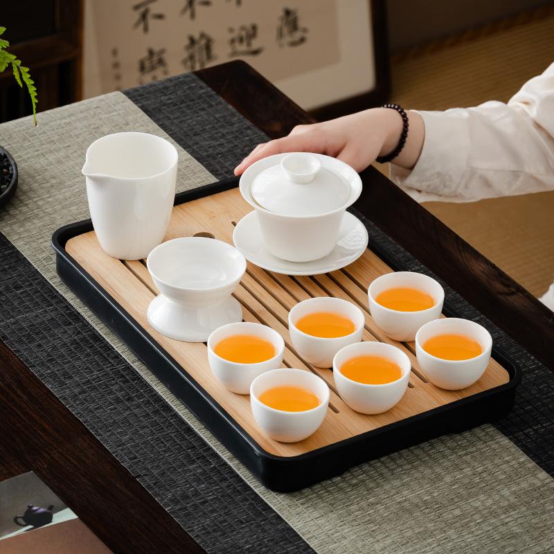 Suet jade happy event tea set/Dehua porcelain tea set/cover bowl set company gift box business