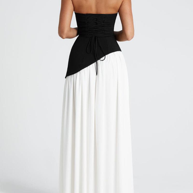 European and American spring/summer color blocked women's strapless slimming style street off shoulder dress
