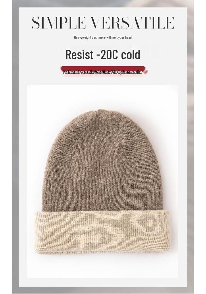 Women's 100% Pure Cashmere Color Block Ribbed Hat - Double Layer & Ear Protection
