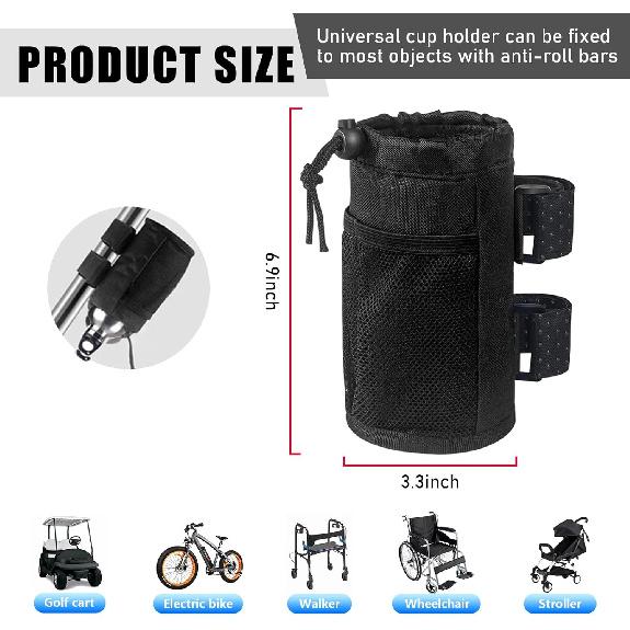 Cup Holder for Bike, Oxford Cycling Drink Holder with Mesh Pocket and Cord Lock, Universal Water Bottle Organizer for Scooter Wheelchair Handlebar,