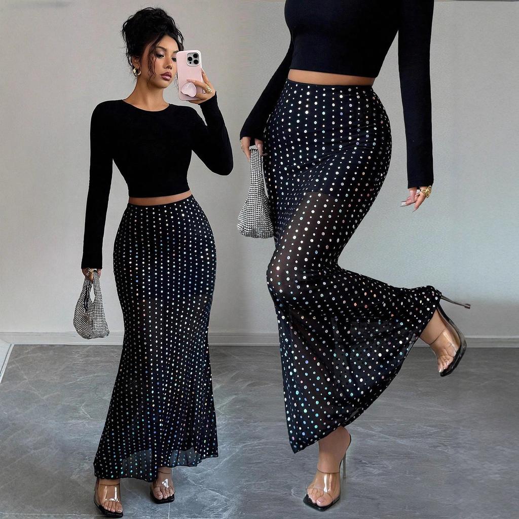 Women's Sequin Dot Sheer Mermaid Skirt Black