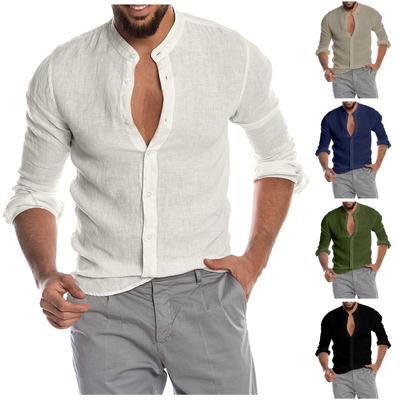 Men's Linen Long-sleeved Casual Shirt Collarless Standing Collar Summer Top