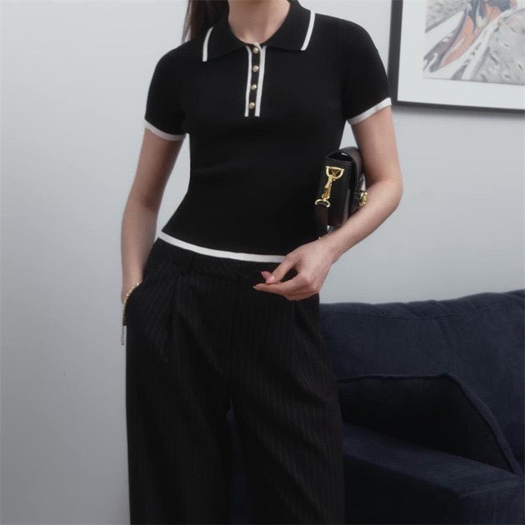 Knitted Pullover Short-sleeved Patchwork Top Elegant Slim-fit Contrast Color Lapel Pullover Top