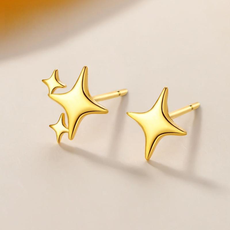 925 Sterling Silver Asymmetric Star Stud Earrings | Minimalist Gold Plated Four-Pointed Star Earrings for Women золотой