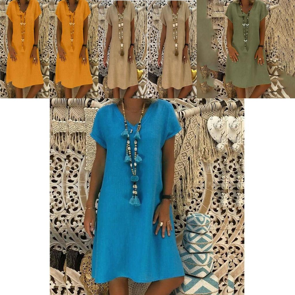 Stylish Summer Women's Short Sleeves V-neck Tunic Midi Dress For Plus Size Fashion