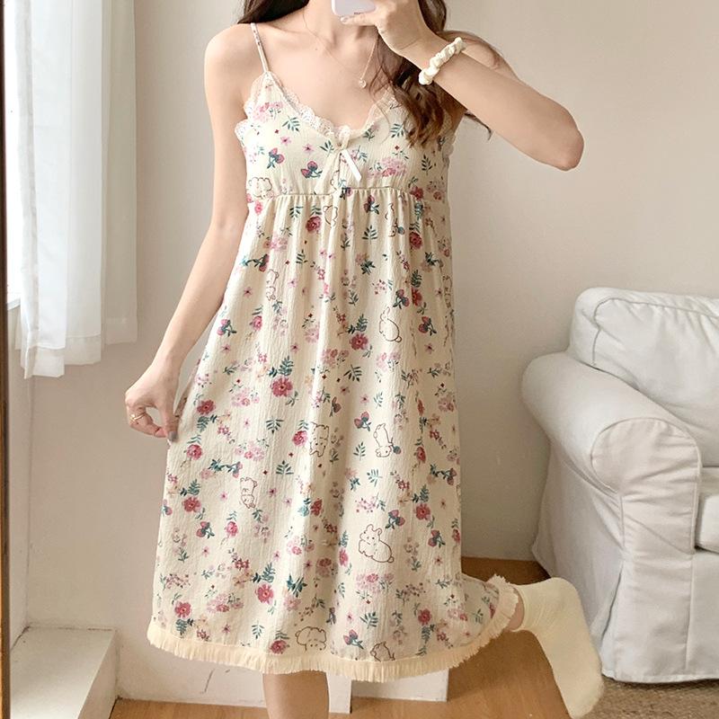 Spring and summer nightgown women's sweet bubble wrinkled cartoon suspender pajamas summer loose women's loungewear