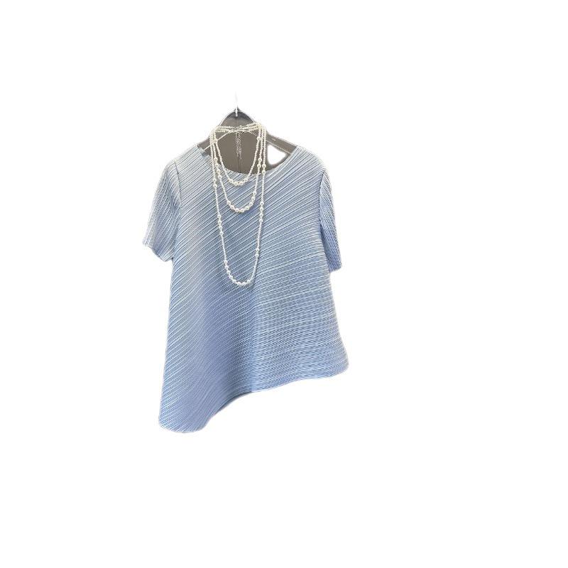 Miyake Women's Irregular Pleated Tops - Short Sleeves, Round Neck, Loose Fit, Slim and Long Niche, Perfect for Summer.