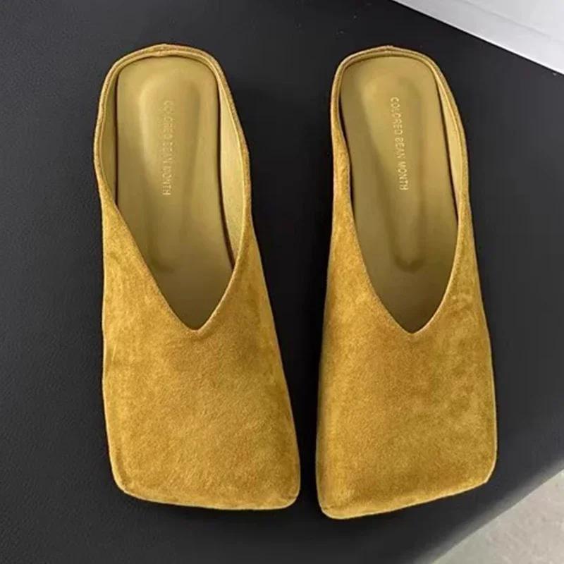 Fashion Women Suede Flats Mules Shoes Square Toe Slingback Slippers Casual Sandals 2025 Trend Summer Dress Flip Flops Cozy Mujer Slides