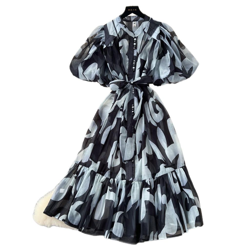 Light luxury European and American style high-end printing bubble sleeve dress women's summer strap waist royal sister temperament big swing dress