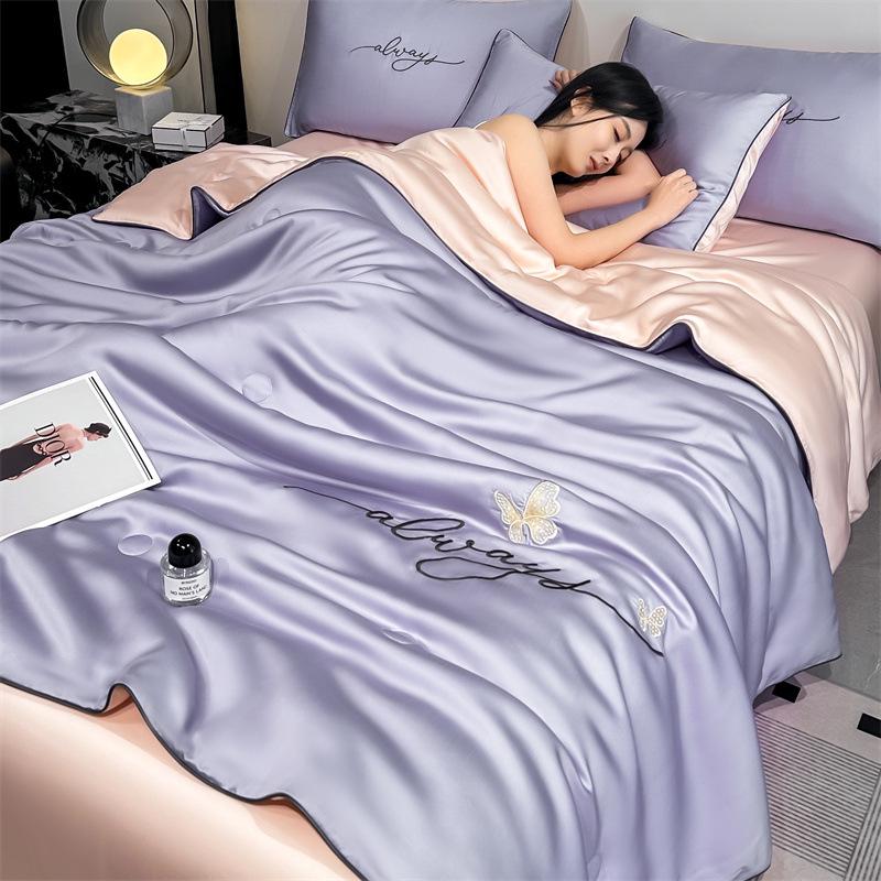 Class A Ice Silk Summer Quilt Set - Cooling, Water Washable, Embroidered, Air Conditioning Friendly, Thin Quilt for Naked Sleep