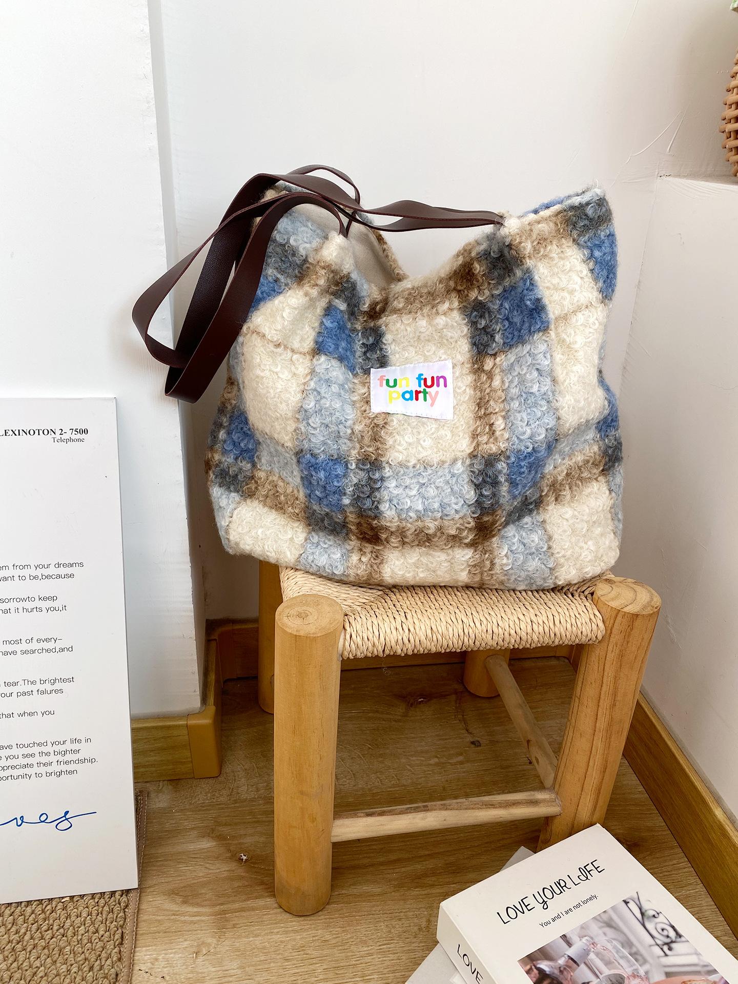 

Vintage Plaid Faux Lamb Wool Women s Shoulder Bag Fall Winter Contrast Color Ladies Handbag Large Capacity Female Tote Bag