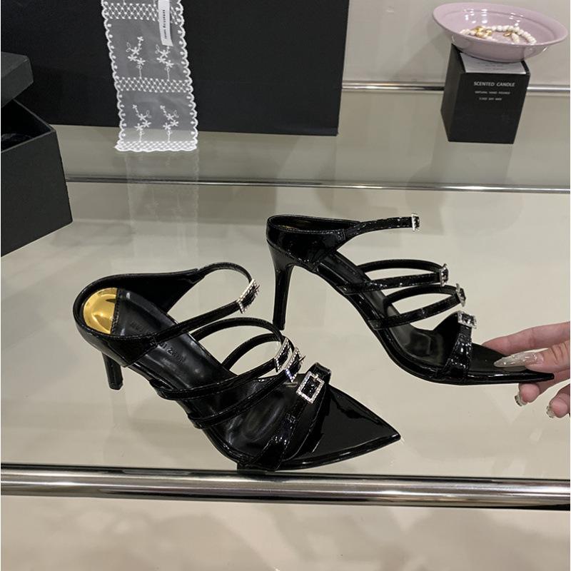 Rhinestone buckle open-toed cool slippers women's high heels new one-pedal pointed high-heeled sandals
