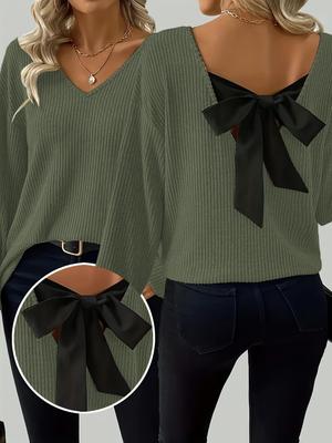New Autumn Women's V-Neck Solid Sweater with Long Sleeves and Loose Bow Detail