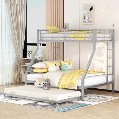 Paturi supraetajate, Pat metalic cu pat extensibil, cu scară pe ambele părți pentru copii, adolescenți, adulți, Ușor de asamblat, 90(140)x200cm, Argintiu