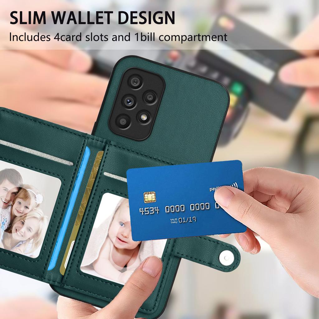 Etui na Samsung Galaxy A53 5G z blokadą RFID, Uchwyt na karty, Podpórka, TPU + Skóra PU, Tylna osłona telefonu