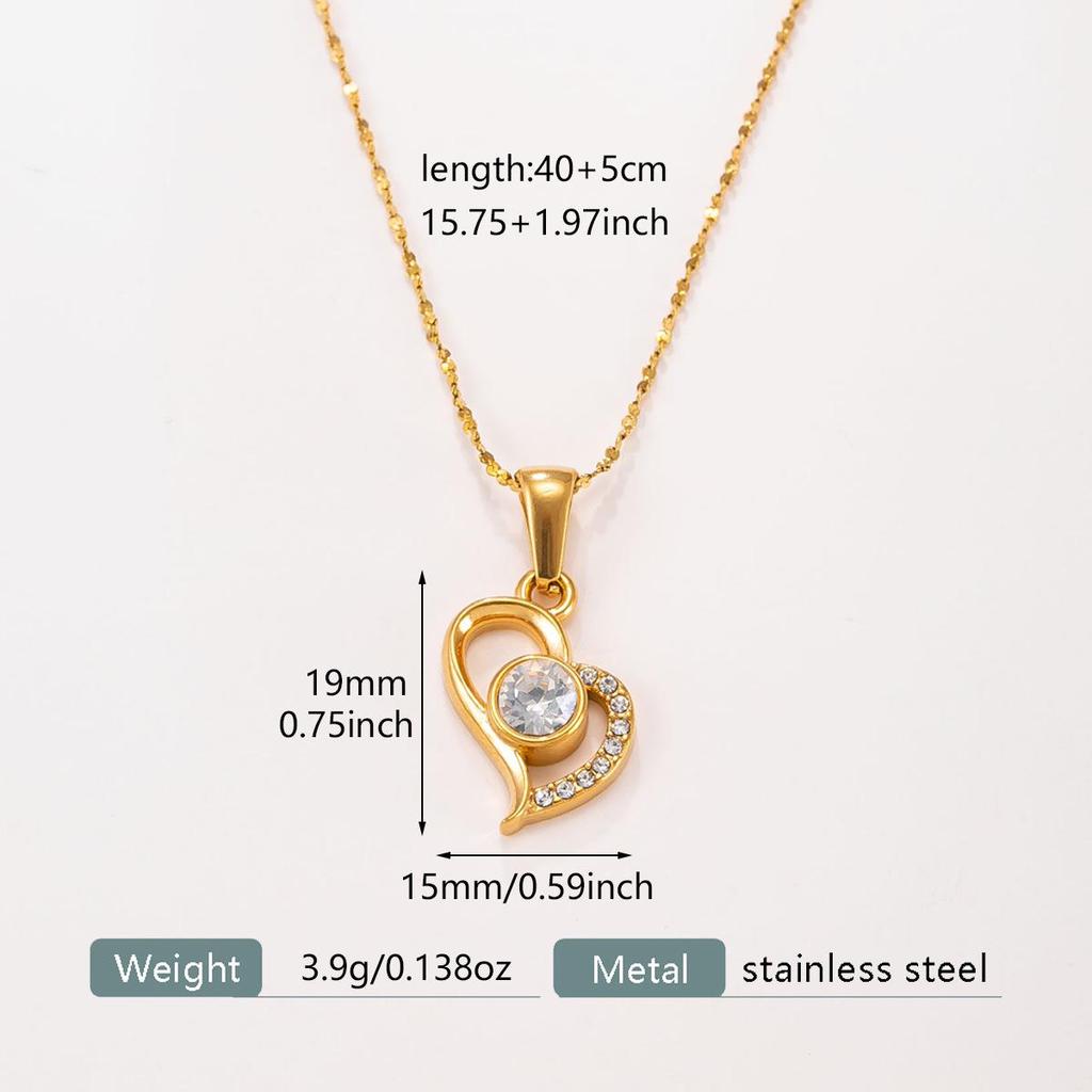 18K Zirconia Hollow Heart Pendant Necklace with Stainless Steel Chain for Women