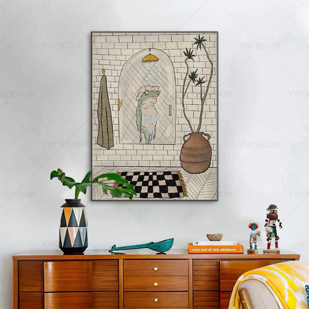 Cute Bathing Frog Poster Cartoon Animal Canvas Wall Art Painting Minimalist Picture for Bathroom Room Decoration