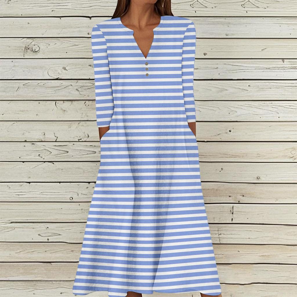 Women's Summer Casual V-Neck Button Stripe Printed Three-quarter Sleeve Long Dress With Pockets
