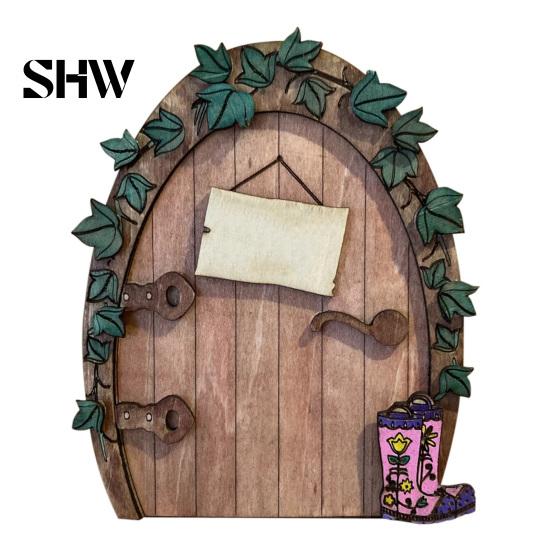 Rustic Pine Wood Craft Wooden Fairy Door Decor, 2D Gnome Elf Ornament, Bunny Mushroom Hand Easter Gift for Kids Painted Craft, House Decoration