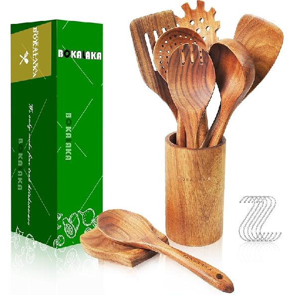Wooden Spoons for Cooking,10 Pcs Natural Teak Wooden Kitchen Utensils Set Wooden Utensils for Cooking Wooden Cooking Utensils Wooden Spatulas for