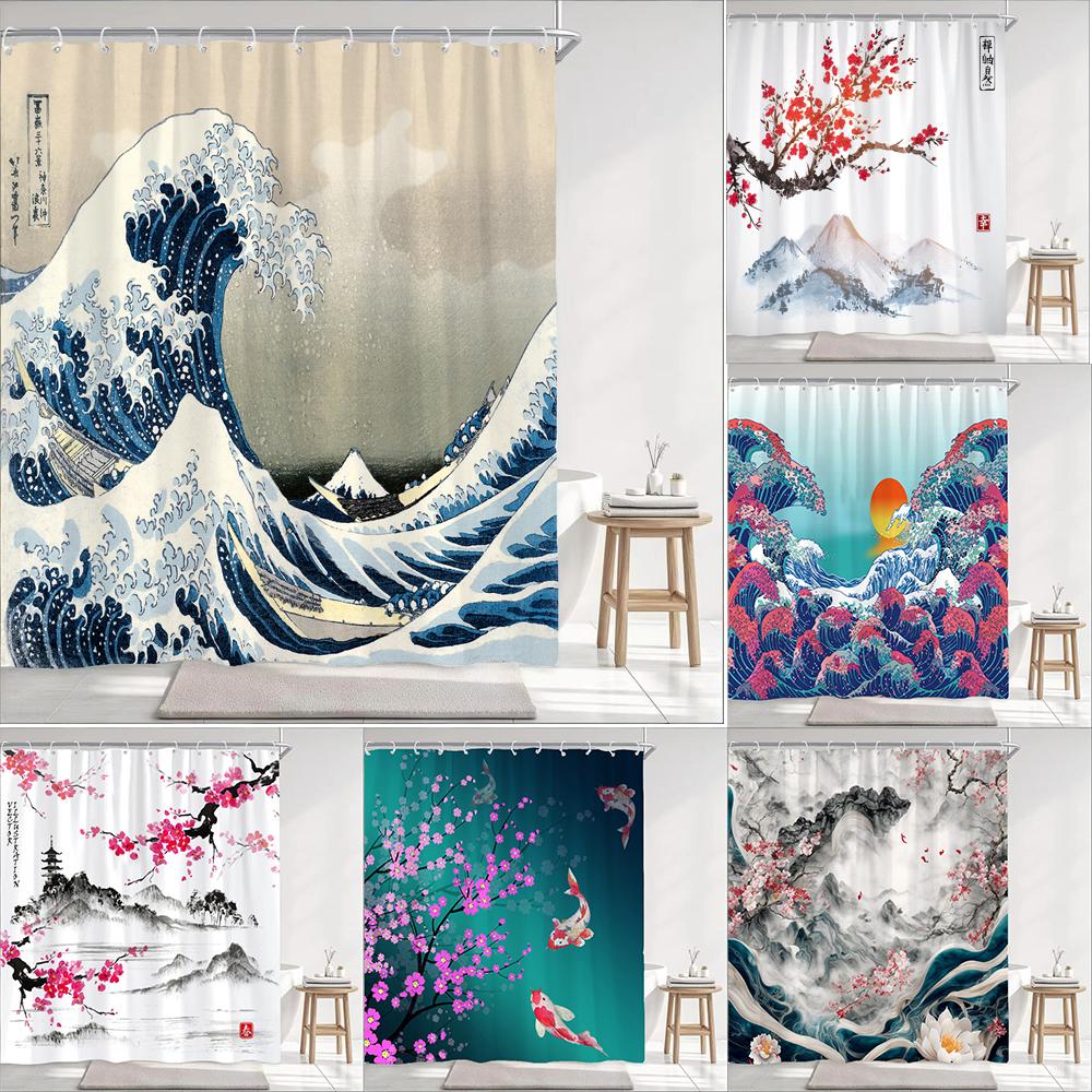 Japanese Wave Mount Fuji Plum Blossom Flower Printied Shower Curtain Waterproof Polyester Fabric Bathroom Curtains with 12 hooks