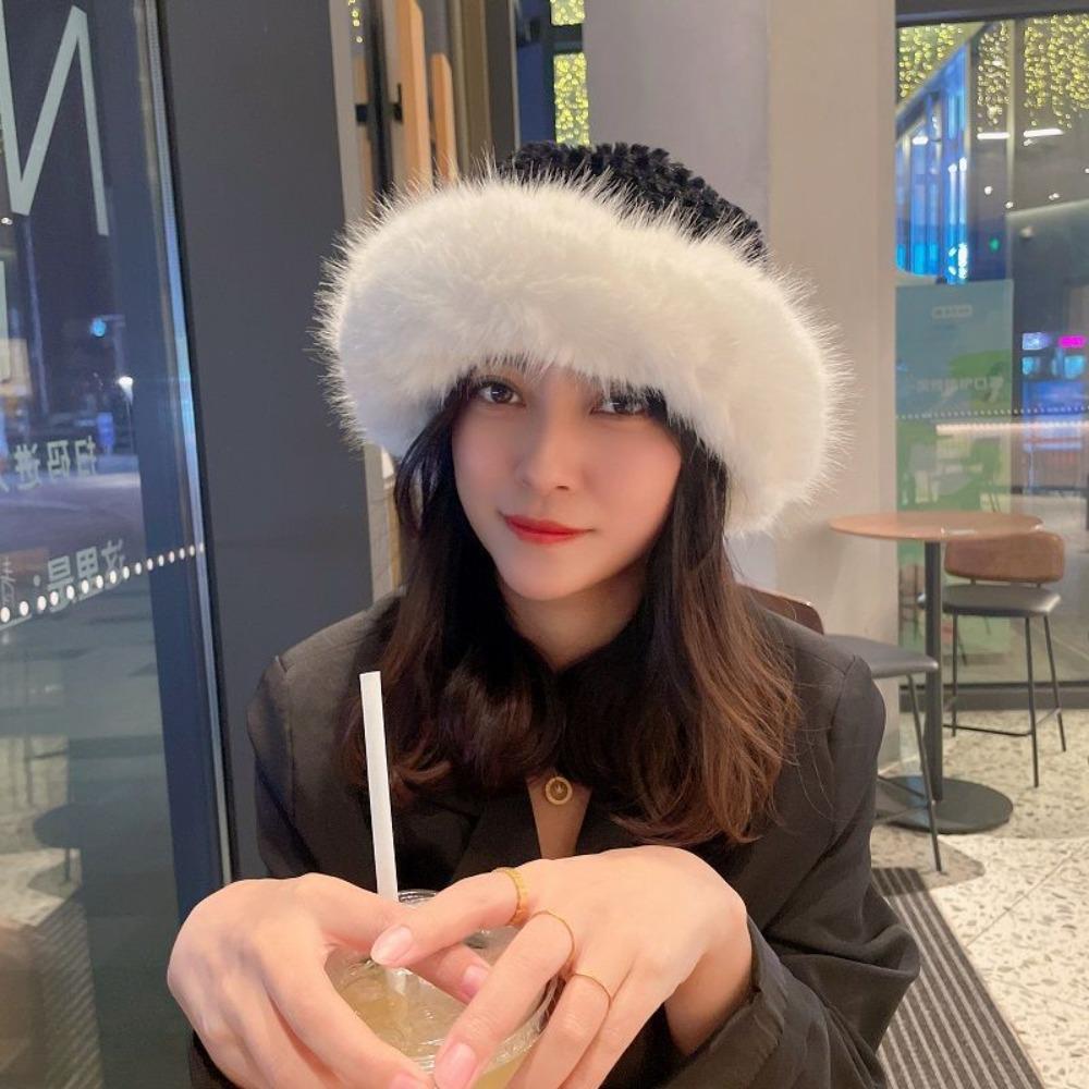 Faux Fur Faux Fur Bucket Hat Thick Fleece Inner Face Slimming Basin Hat  Outdoor Cold Proof