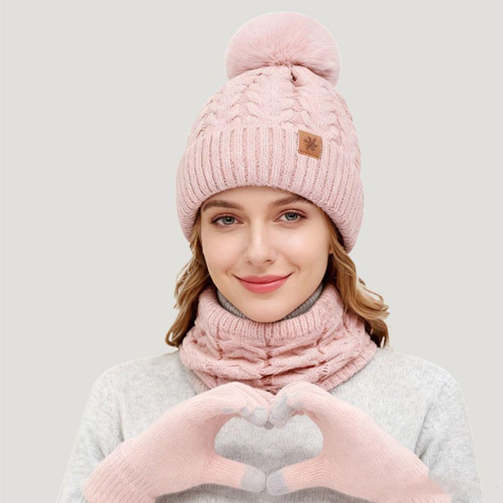Beanie Hat Pompom Beanies Hat Solid Color Winter Knit Gloves Set Outdoor