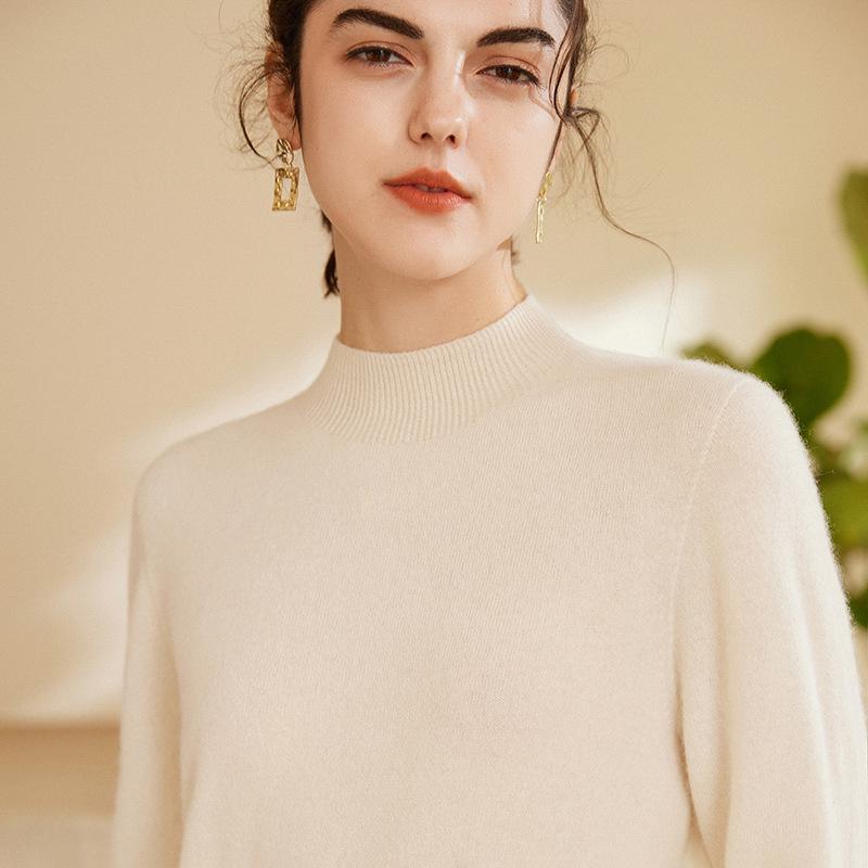 Women's Pure Cashmere Seamless Knit Sweater, Autumn/Winter Half-High Neck, Long Sleeve Base Layer