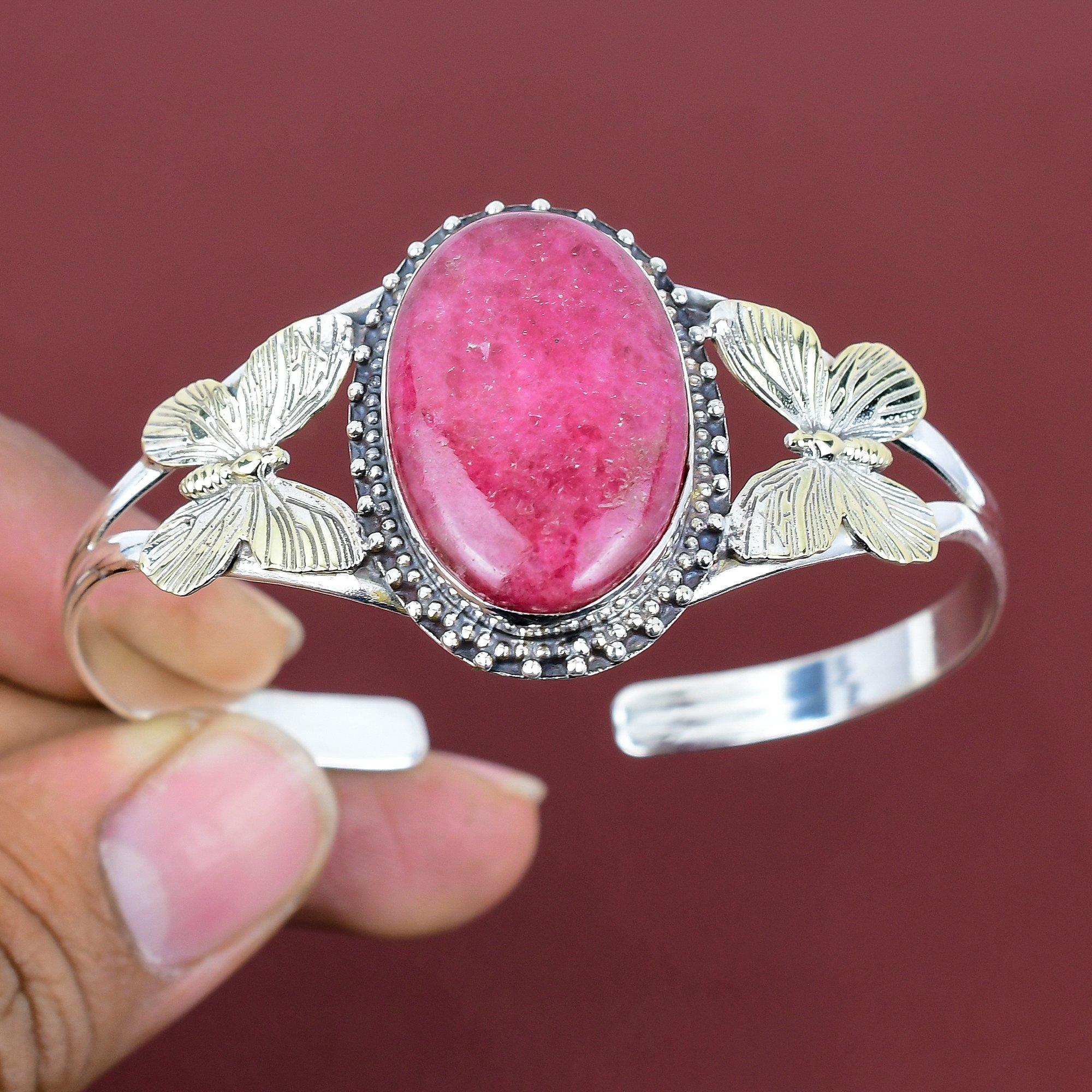 Rhodonite cuff bracelet 925 sterling silver adjustable bangle 18k gold plated bangle real gemstone handmade jewelry butterfly cuff bracelet Adjustable
