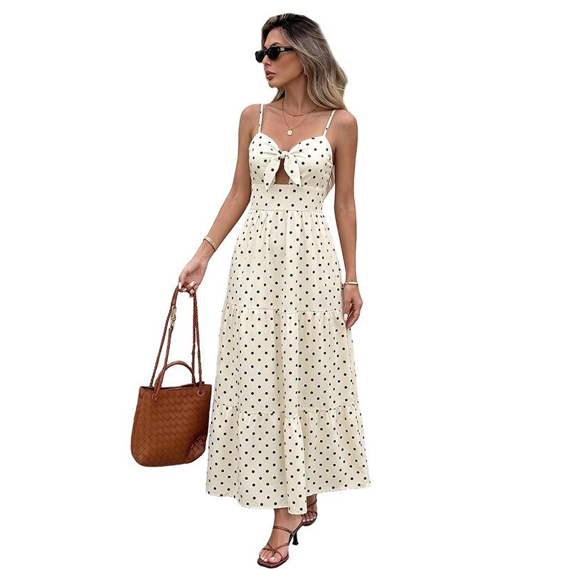 Women's White Black Polka Dot Tiered Maxi Dress, Spaghetti Strap Bow Bust Detail Cutout Waist Summer Casual Sundress