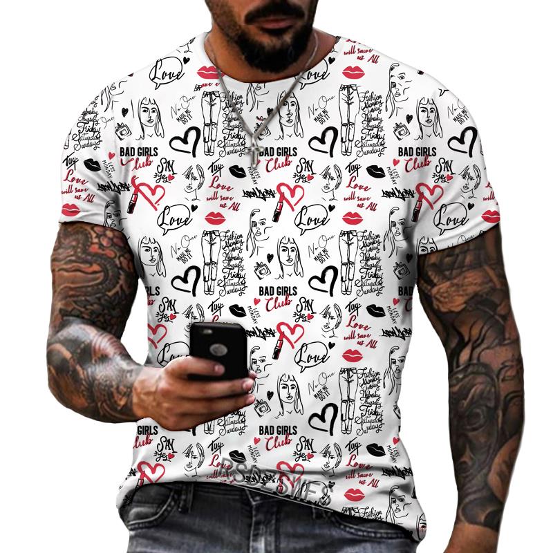 New Design Men's T-shirt Iron Chain Black and White Colorful Painting Style Short Sleeve T-shirt High Quality Fat