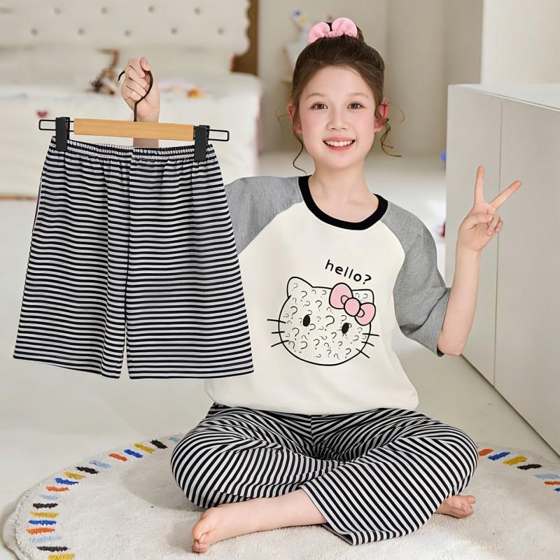 2026 Cotton Pajama Set Girls Short Sleeve Thin Sleepwear Sweet Cartoon Print Kids Home Outfit
