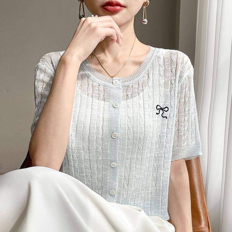 

Thread Cardigan Short Sleeve T-Shirt Women s Summer 2025 New Arrival Bottoming Shirt Western Style Oversized Women s Clothing Ice Silk Knitting Tops Light Blue 5XL