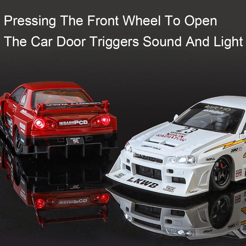 1:24 Scale GTR-S15 GTR-R34 Sports Car Model Toy Wheel Steering Doors Opened High Simulation Vehicle Models Collectible Item
