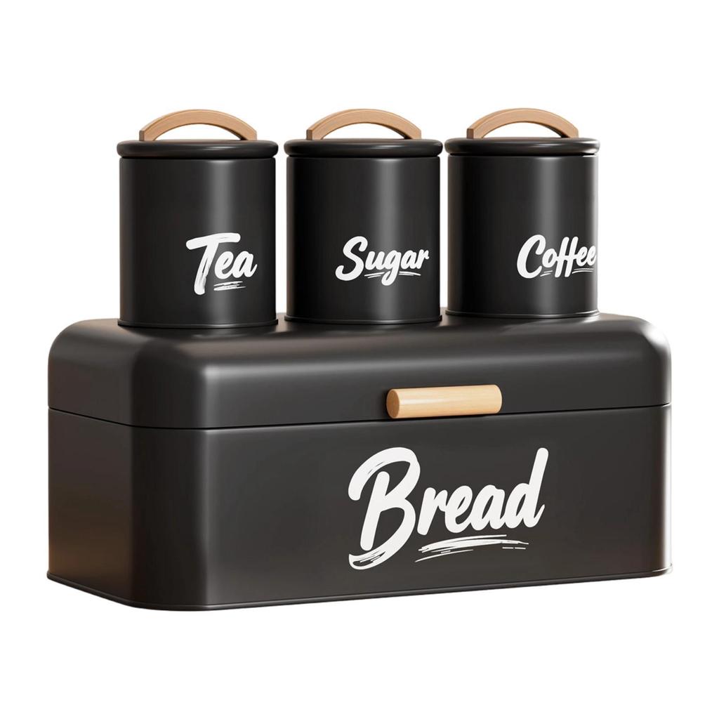 4-teiliges Küchen-Brotkasten- und Organizer-Set mit Kaffee-, Tee- und Zuckerdosen Stabiler Metall Deckel