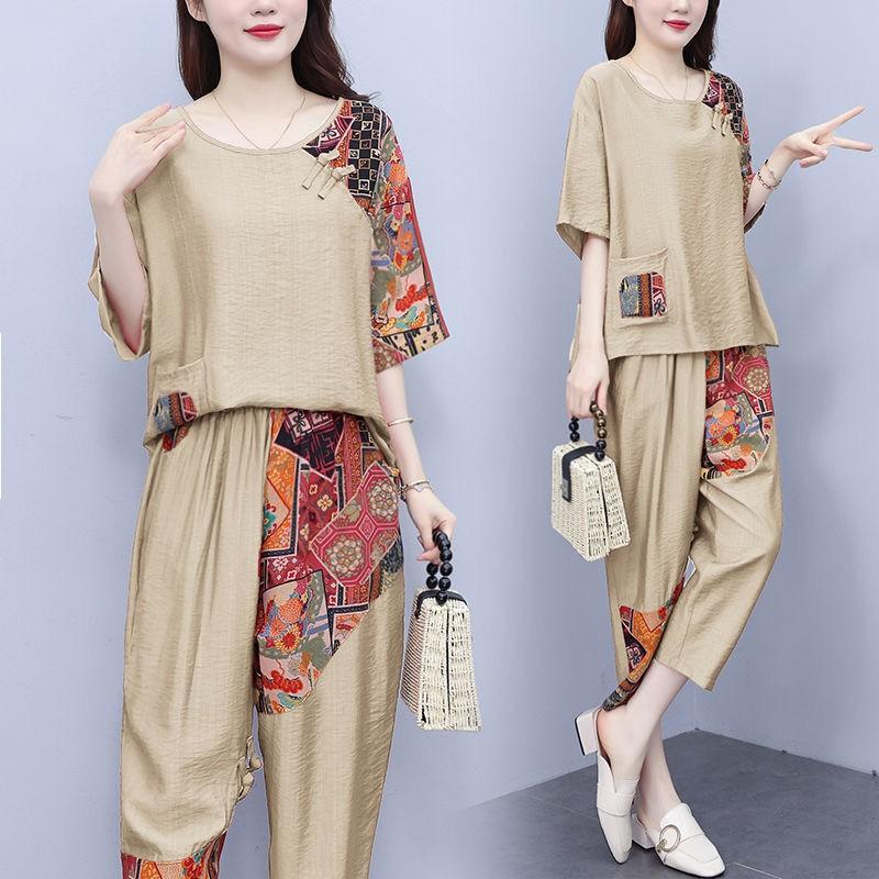 Zweiteiliges Set mit Sommerdruck für Mütter, Sommer-T-Shirt mit mittellangen Ärmeln, Set im ethnischen Stil für Frauen mittleren Alters und ältere Menschen