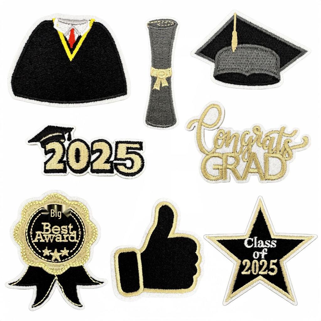 2025 Black Gold Graduation Embroidery Patch - Versatile Style Iron-on Flower