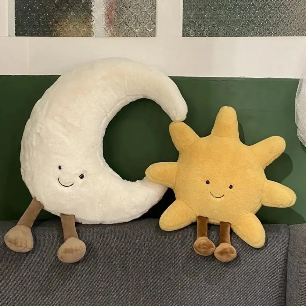 Adorável Sorriso Rosto Branco Lua Sol Amarelo Pelúcia Recheado Bonito Desenho Animado Clima Brinquedo de Pelúcia para Decoração de Quarto de Criança Sofá Almofada