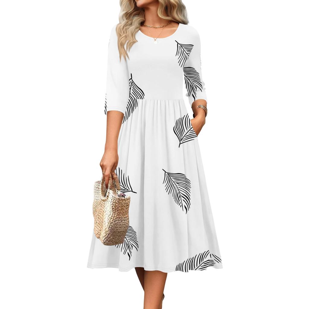 Rochie de damă cu mâneci 3/4, casual, fluidă, în A, midi, tip tricou, cu buzunare, cu gât rotund, pentru vacanță, boho, de plajă, de vară