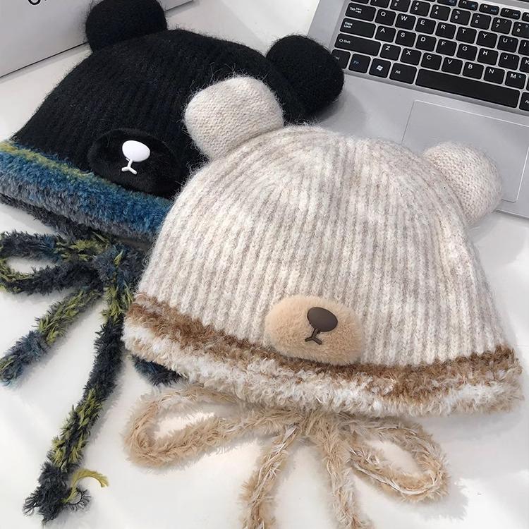 Cute bear bag hat one hat dual-purpose winter face small thermal tether plush knitted wool hat