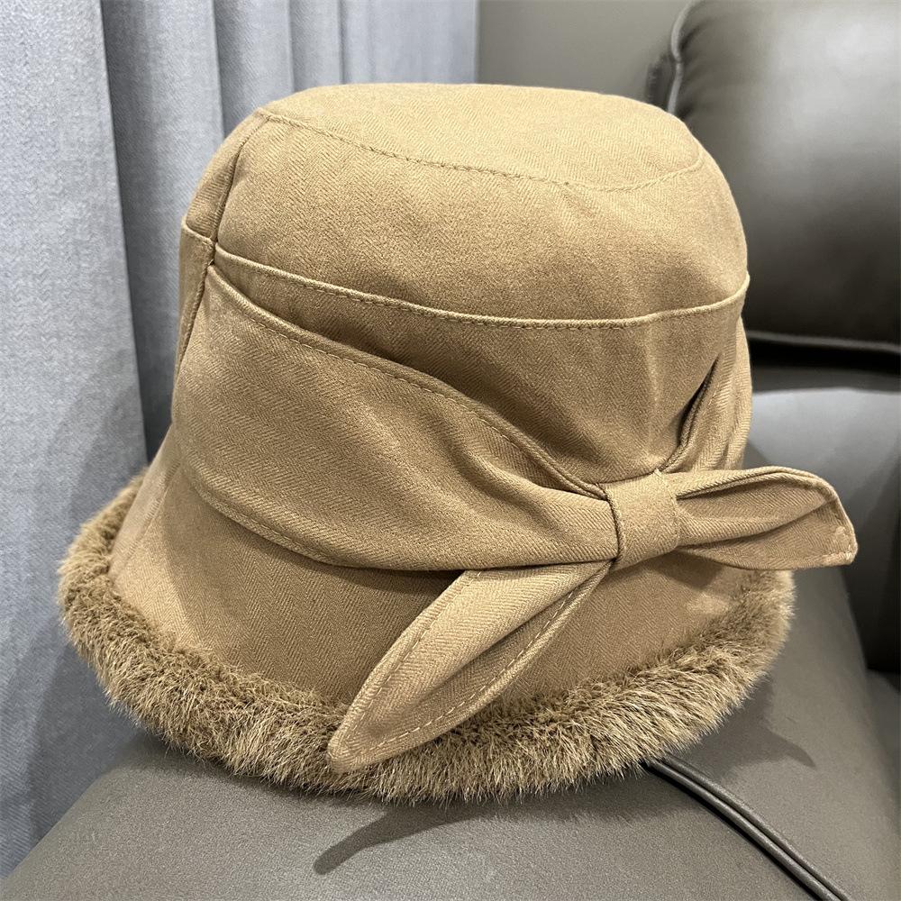Bucket Hat Women's Autumn and Winter Versatile Casual Playful Bow Cute Basin Hat Thin Rough Edge Thermal Hat