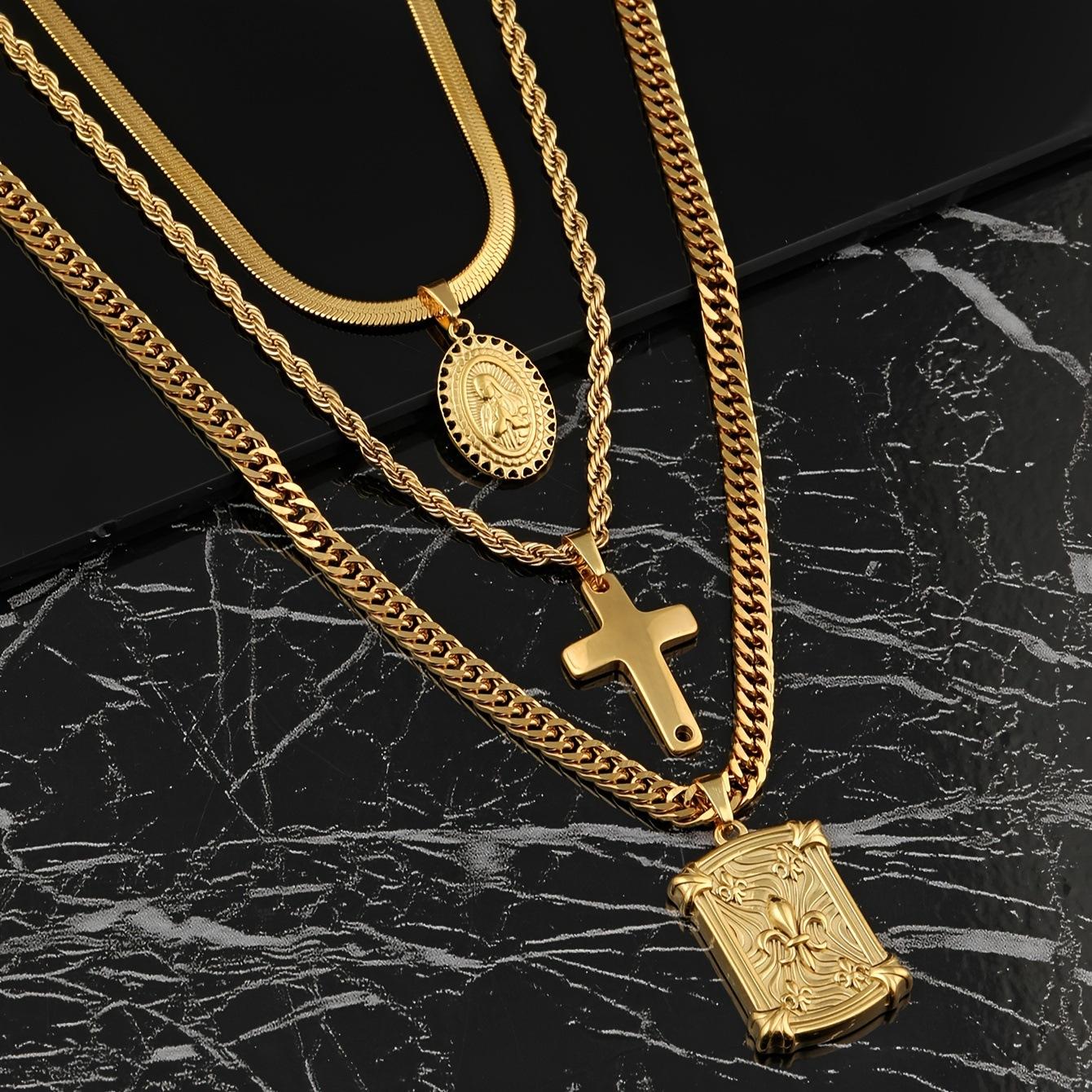 Titanium Steel Jewelry Casting Geometric Cross Virgin Mary Chain Vintage Light Luxury Stainless Steel Necklace Three-Piece Set Gold Three-Piece Set